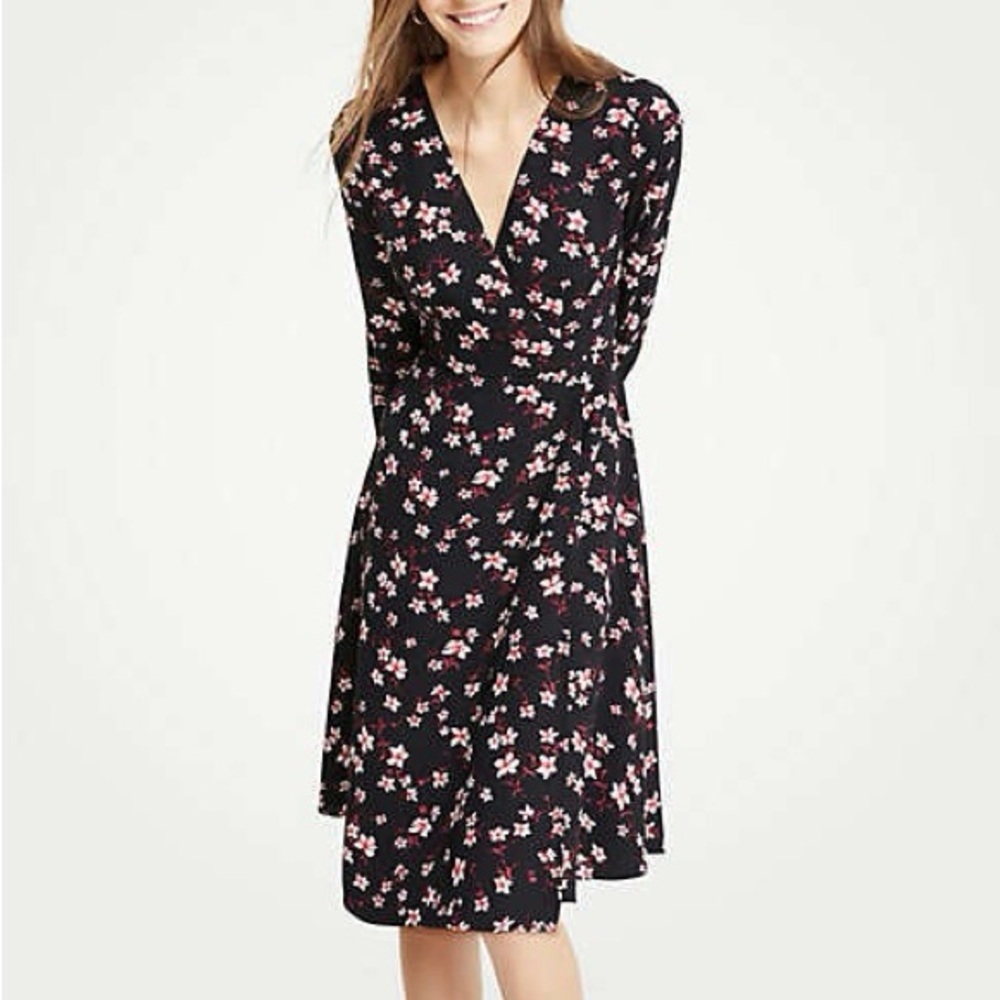 Ann Taylor Petites Red Pink Floral Black Faux Wrap Dress